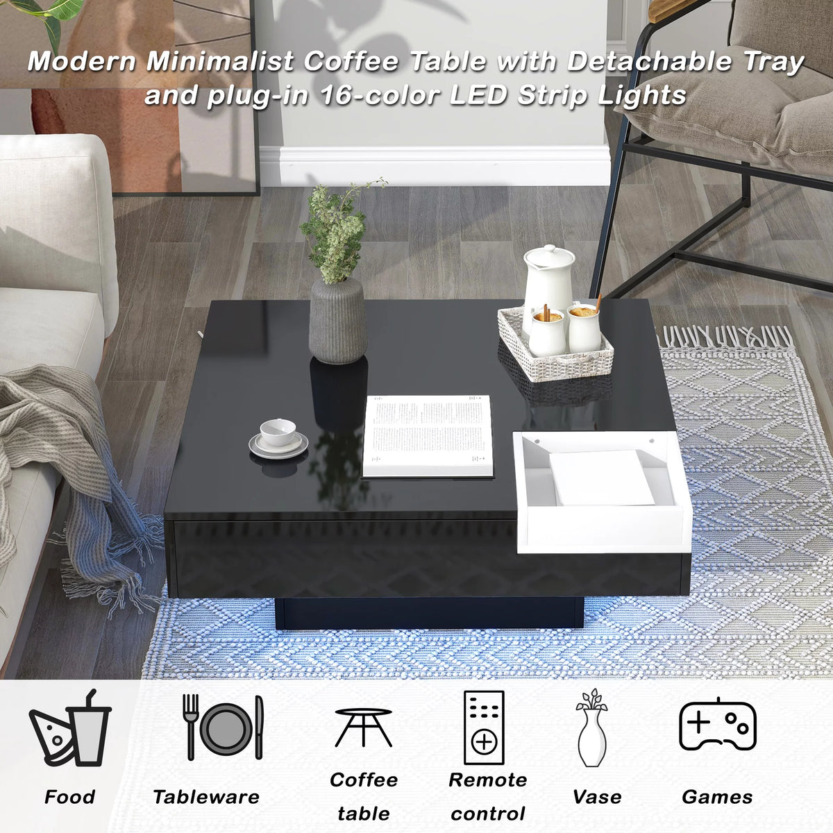 Square Coffee Table with Detachable Tray and LED Strip Lights A3910