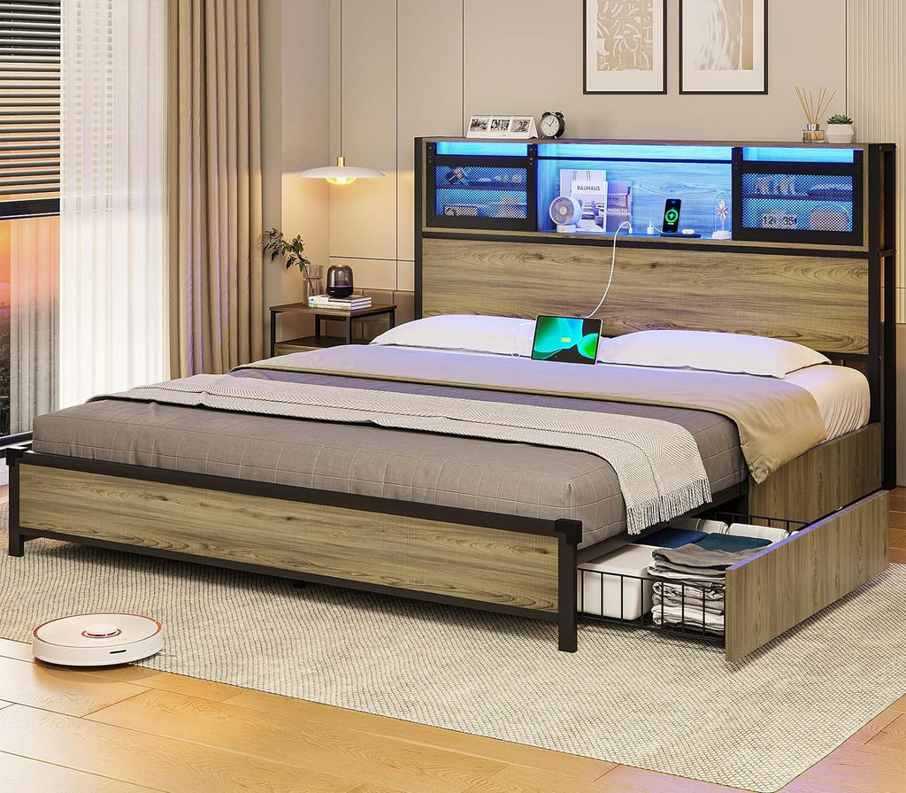Queen Size Metal Platform Bed Frame with Storage Headboard and 4 Drawers W635