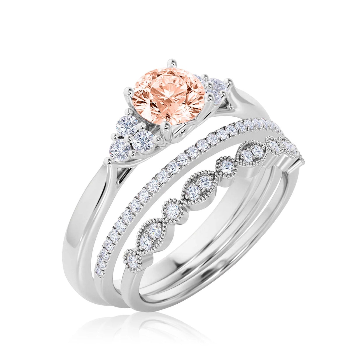 2.25 Carat Round Cut Morganite And Diamond Moissanite Engagement Ring in 10k Solid White Gold J302