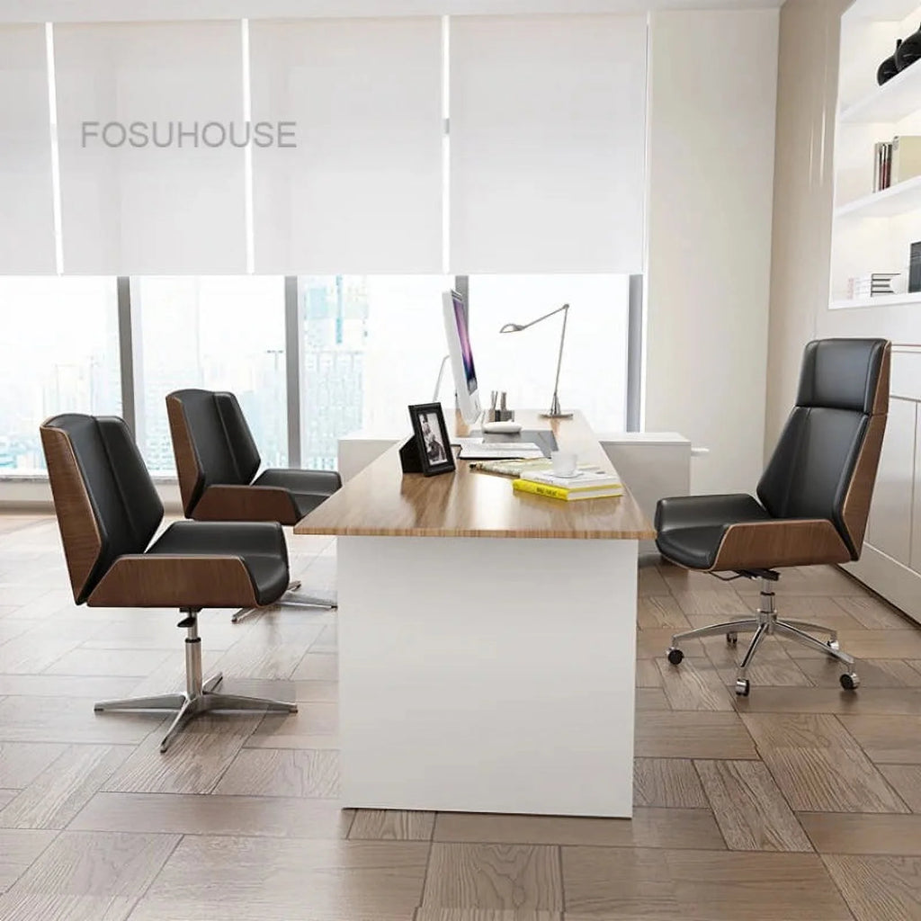Solid Wood Leather Swivel Office Chair U70362