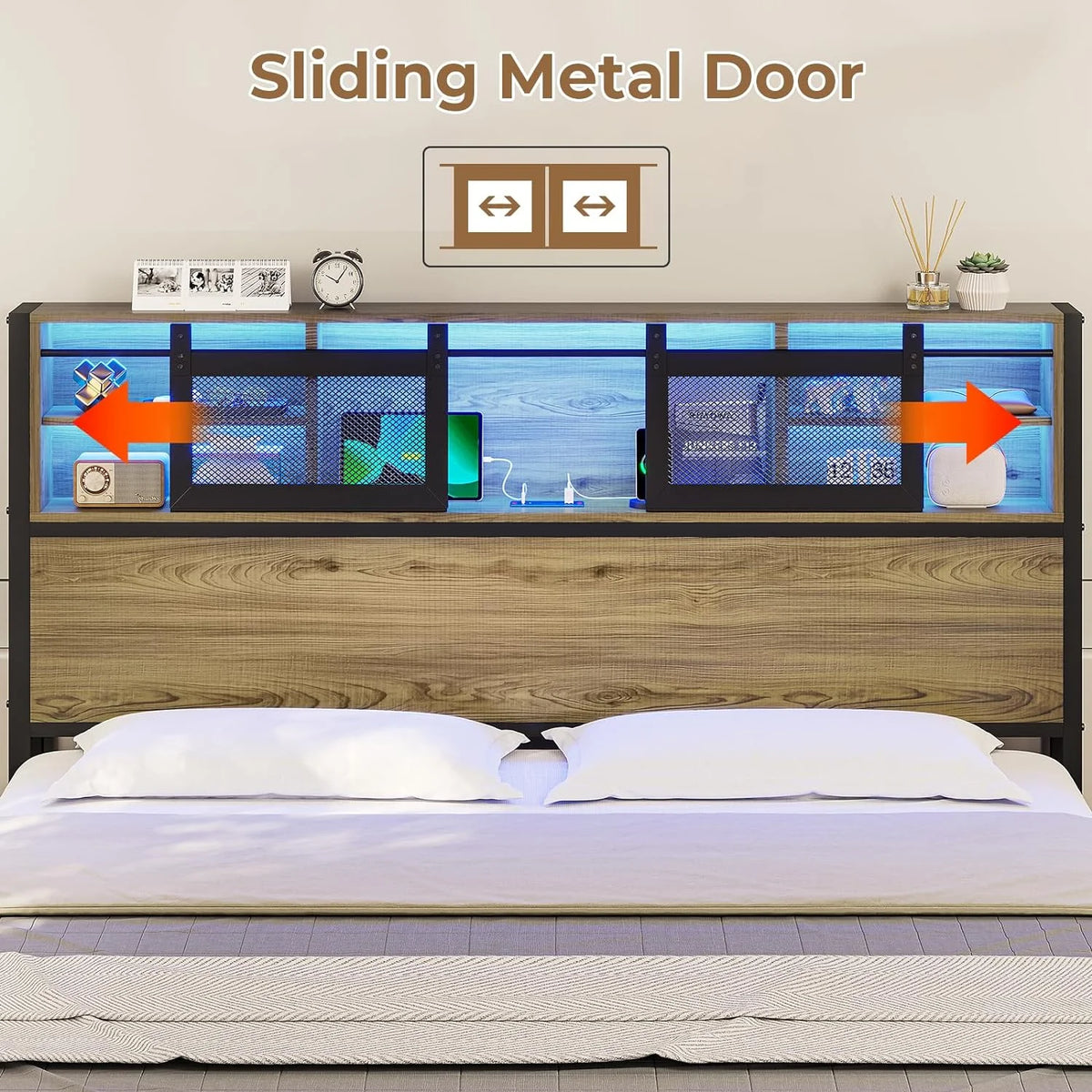 Queen Size Metal Platform Bed Frame with Storage Headboard and 4 Drawers W635