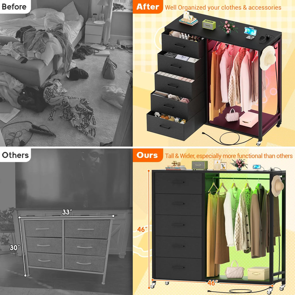 White 5 Drawer Dresser with Clothes Rack M236