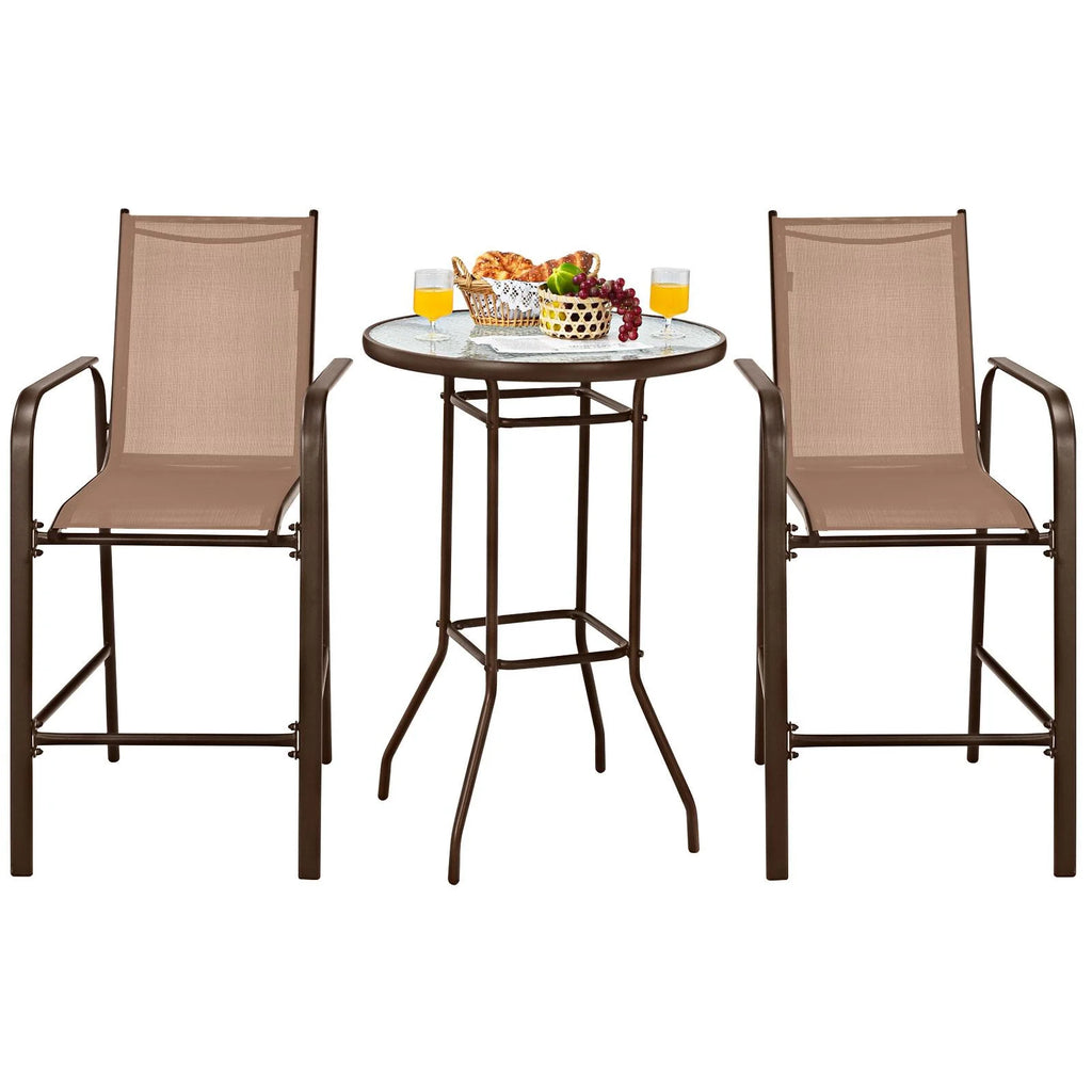 3 Pieces Outdoor Patio Bar Set with 2 Bar Stools and Tempered Glass Bar Table, Black E791