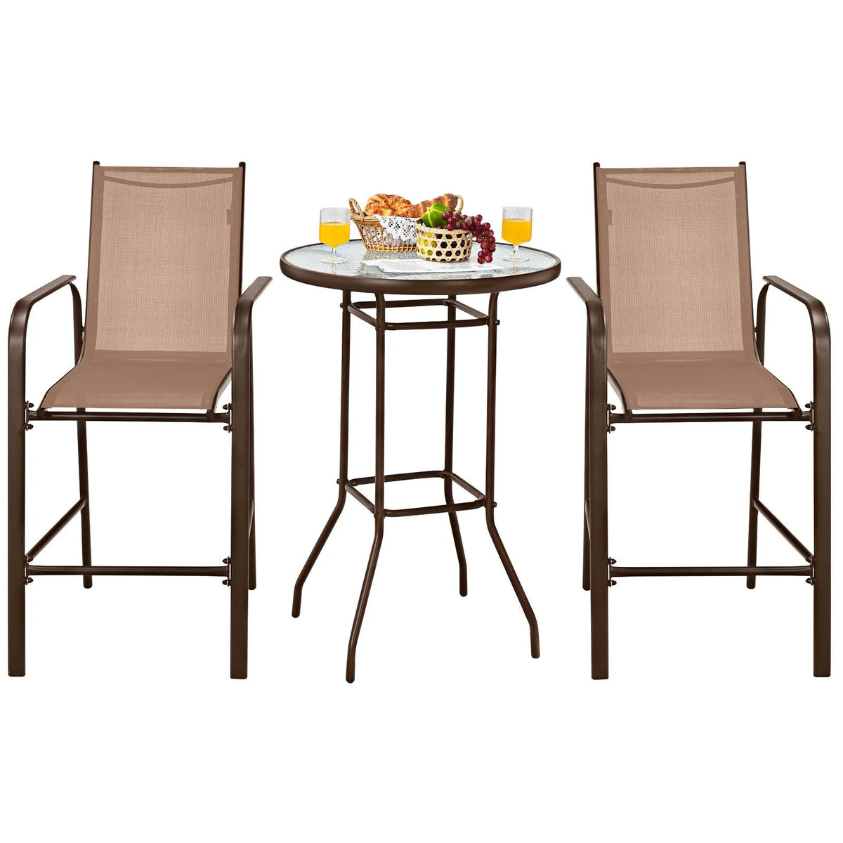3 Pieces Outdoor Patio Bar Set with 2 Bar Stools and Tempered Glass Bar Table, Black E791