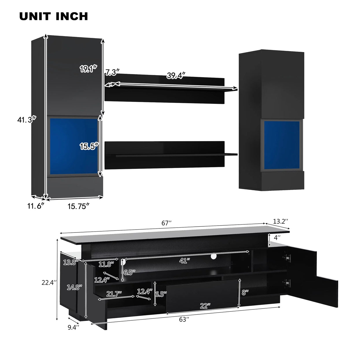Black 5 Pieces Wall Mounted TV Stand with LED Light Strips E395