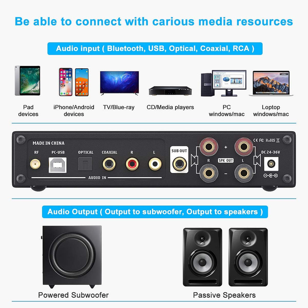 Bluetooth 5.0 Stereo Amplifier 240W 2.1 Channel Class D Compact Mini Power Amp C625