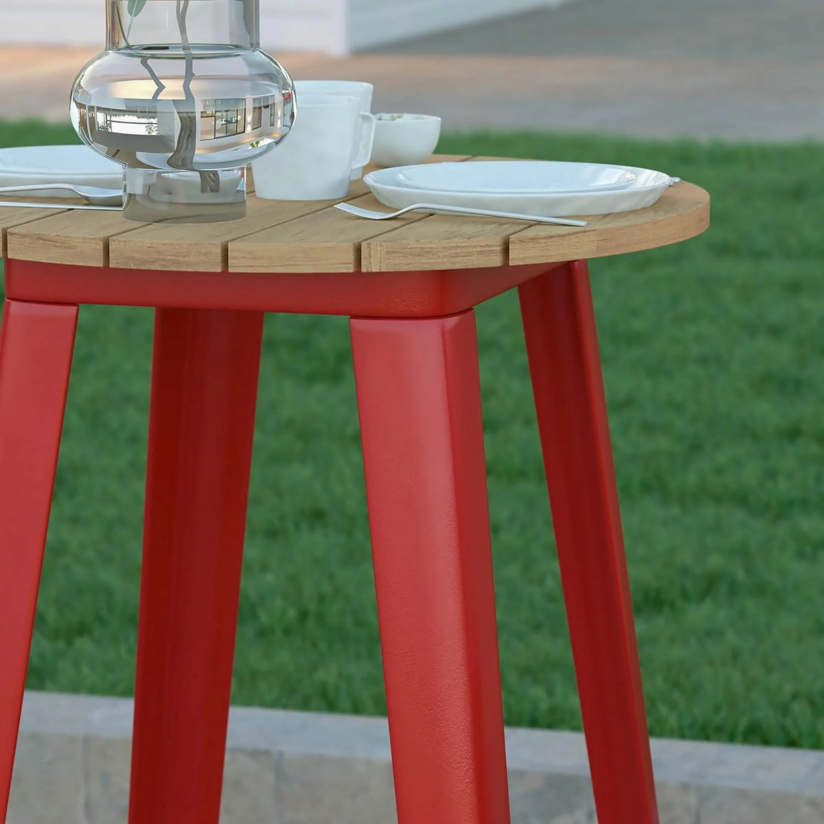 Indoor/Outdoor Bar Top Table Brown Resin Top Red Steel Base O45370