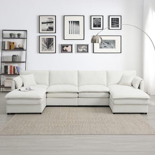 Cream Chenille U Shaped Sectional Sofa with 2 Ottoman V845
