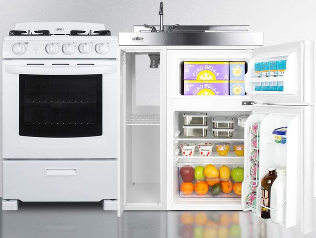 54" Wide All-in-One Kitchenette with 4-Burner Gas Range, Refrigerator-Freezer, Sink, Cutting Board and Storage Cabinet K3074
