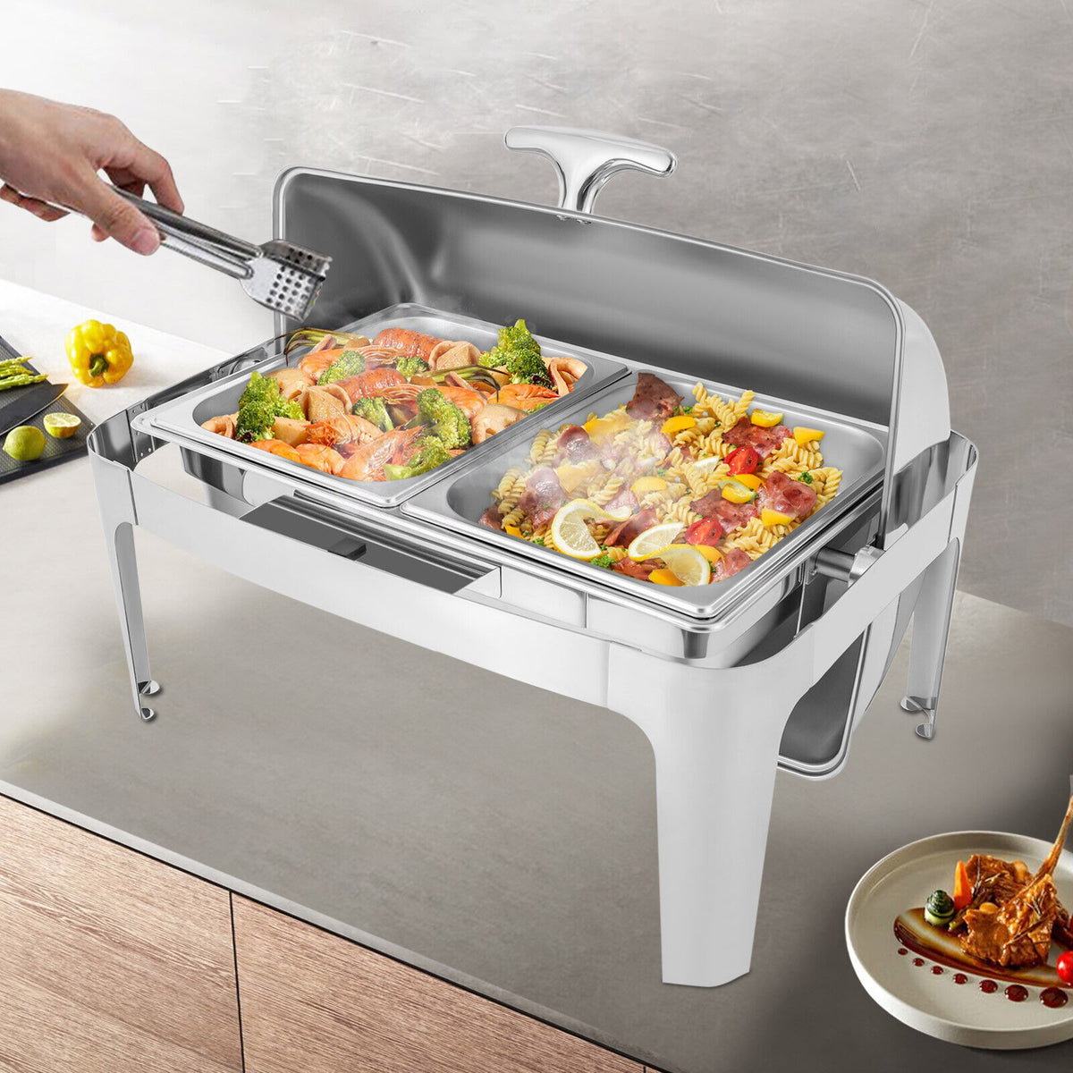 Silver Stainless Steel Chafer Buffet Chafing Dish Set Roll Top Food Warmer E783