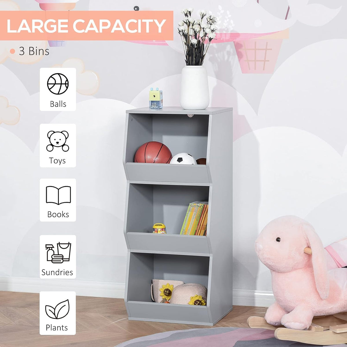 Grey 3 Cubby Kids Storage Cabinet B5010