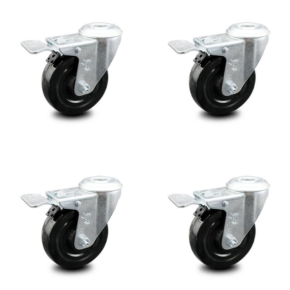 4 inch Hard Rubber Wheel Swivel Bolt Hole Caster Set with Total Lock Brake P983004