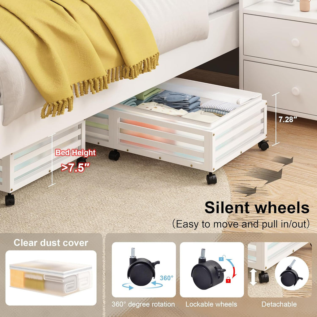 2 Pcs White Bamboo Wood Rolling Storage Bins With Wheels Y929449