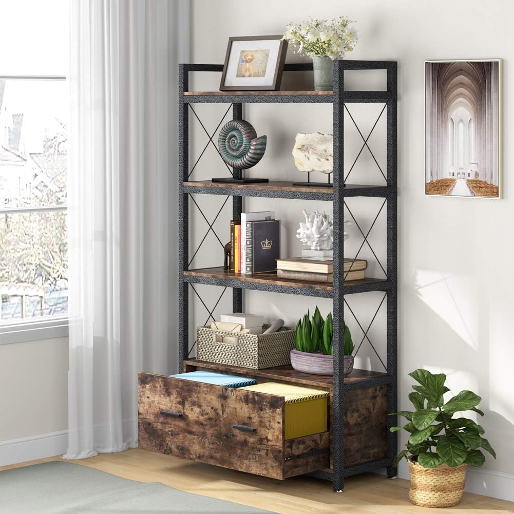 Freestanding Lateral Filing Cabinet with Drawer and Open Storage Shelves U8562