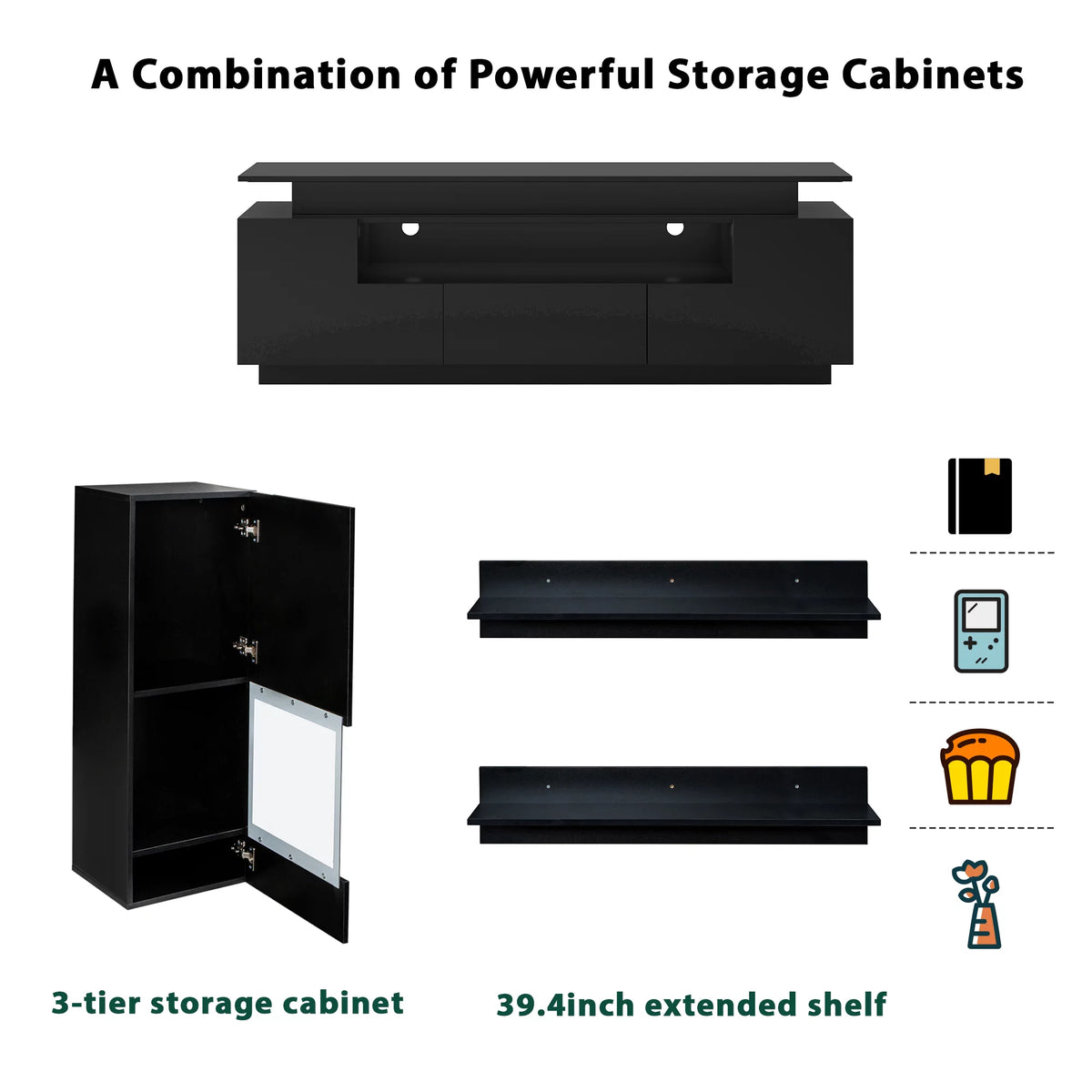 Black 5 Pieces Wall Mounted TV Stand with LED Light Strips E395