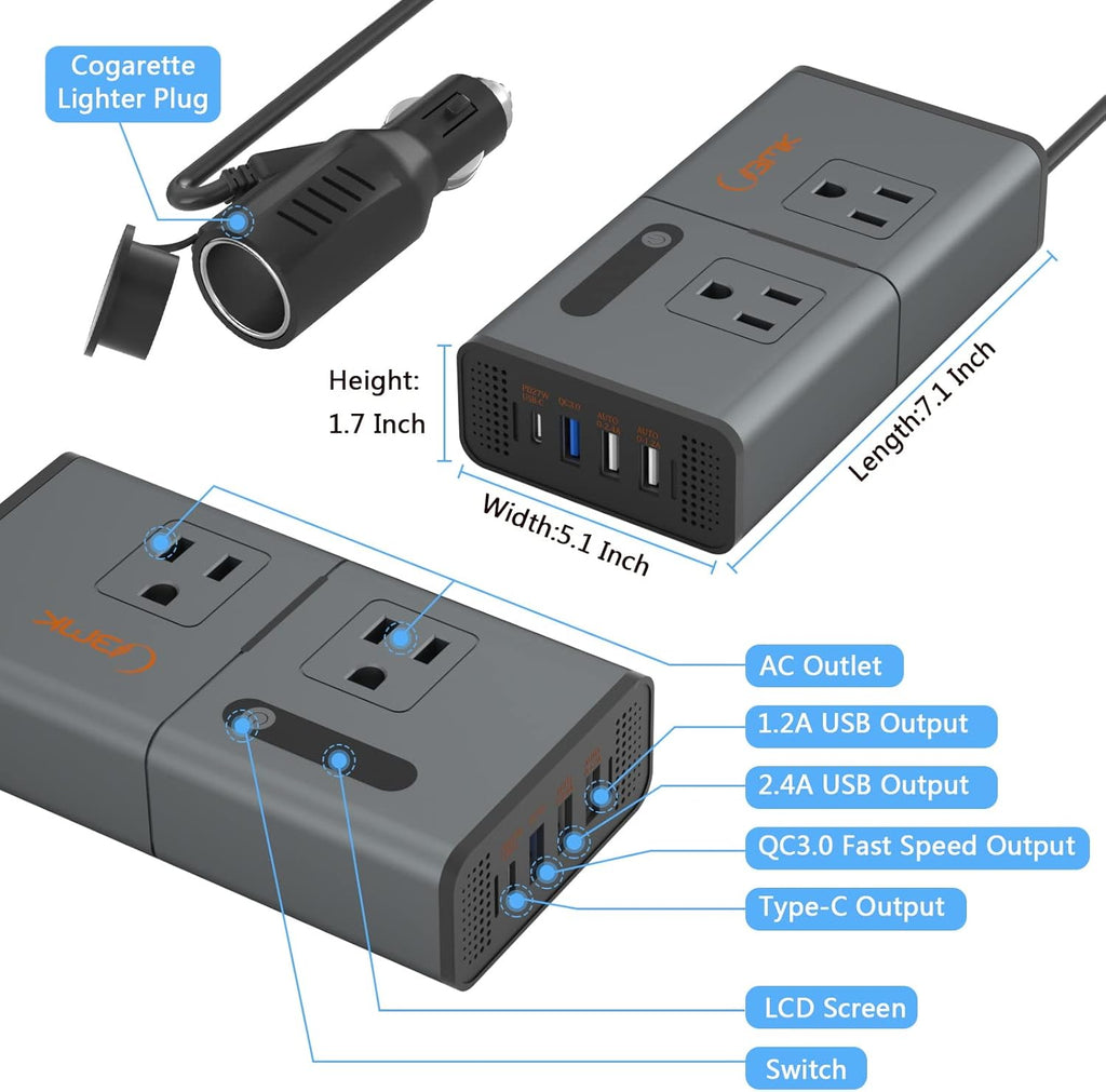 200W Car Power Inverter DC 12V to 110V with USB and Type C Ports Pack of 2 L986