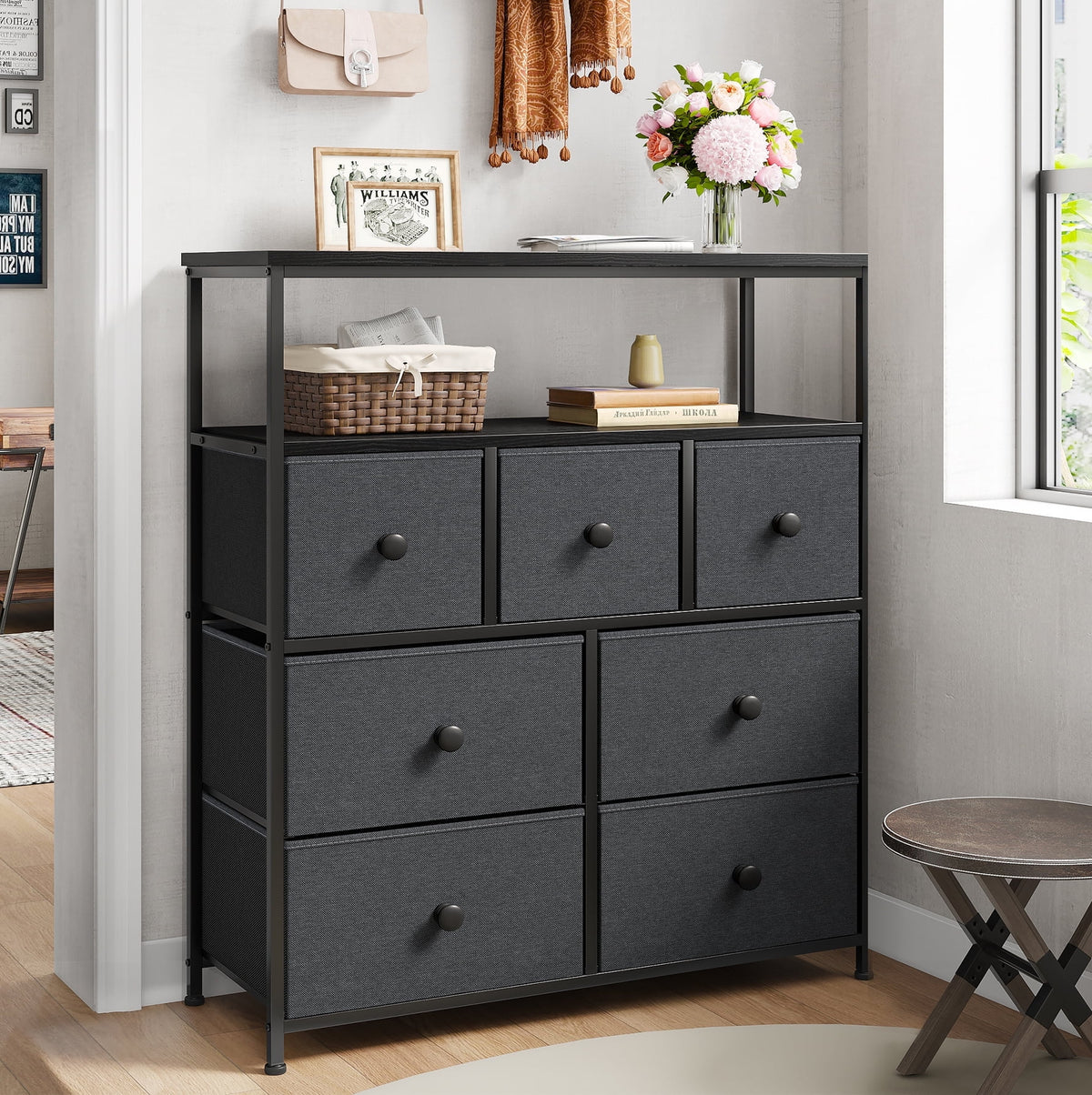 Pink 7 Drawer Fabric Dresser with Wood Shelves U30072