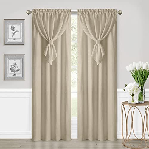 White Window Curtain Panel with Attached Valance, 42 Inch Width, 84 Inch Length, Light Filtering Fabric M7510