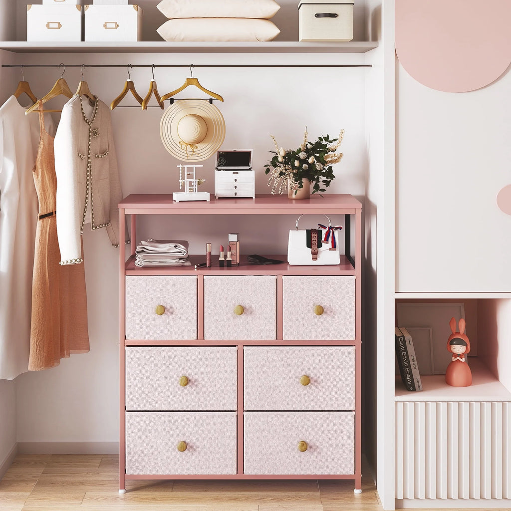 Pink 7 Drawer Fabric Dresser with Wood Shelves U30072