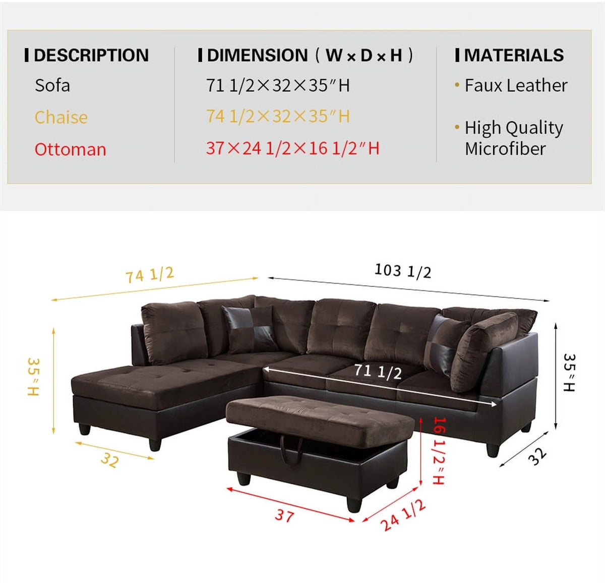 Microfiber Leather Sectional Sofa with Storage Ottoman C5564