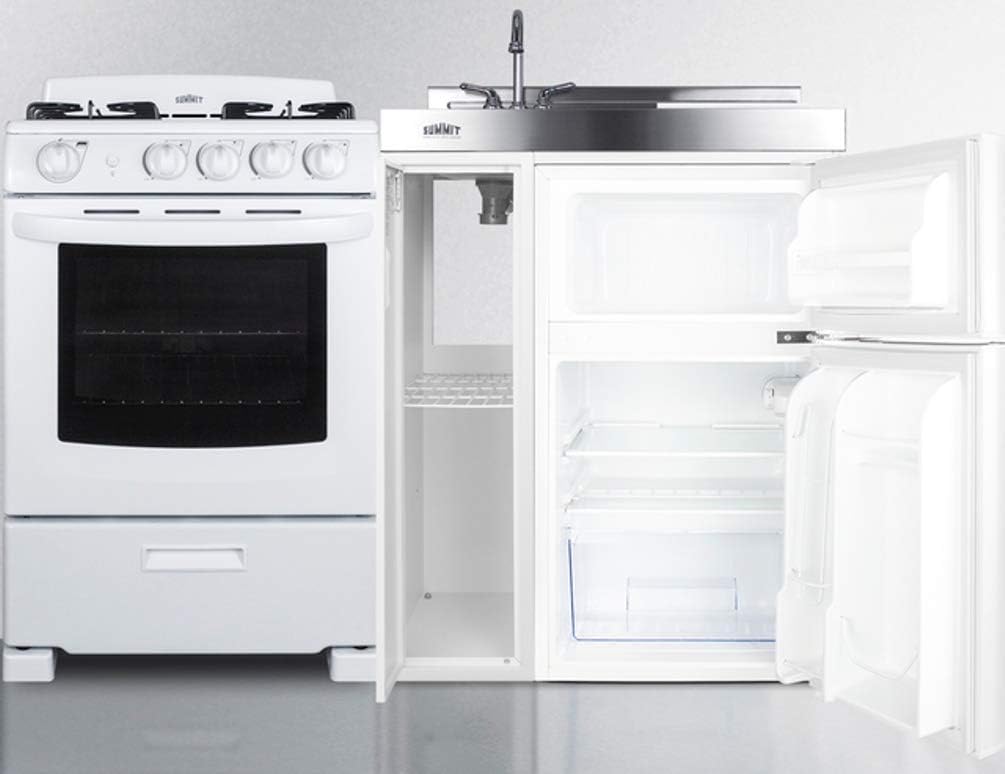 54" Wide All-in-One Kitchenette with 4-Burner Gas Range, Refrigerator-Freezer, Sink, Cutting Board and Storage Cabinet K3074