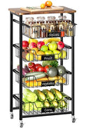 4-Tier Rolling Storage Cart with Pull-Out Baskets and Wood Top F852