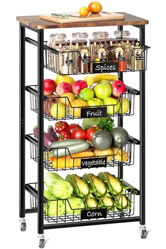 4-Tier Rolling Storage Cart with Pull-Out Baskets and Wood Top F852