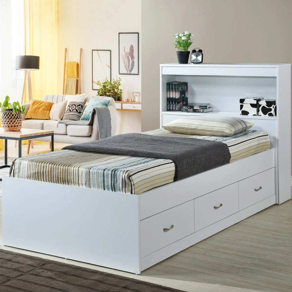 Twin Size Captain Bed with 3 Drawers and Headboard in Black Wood W4487