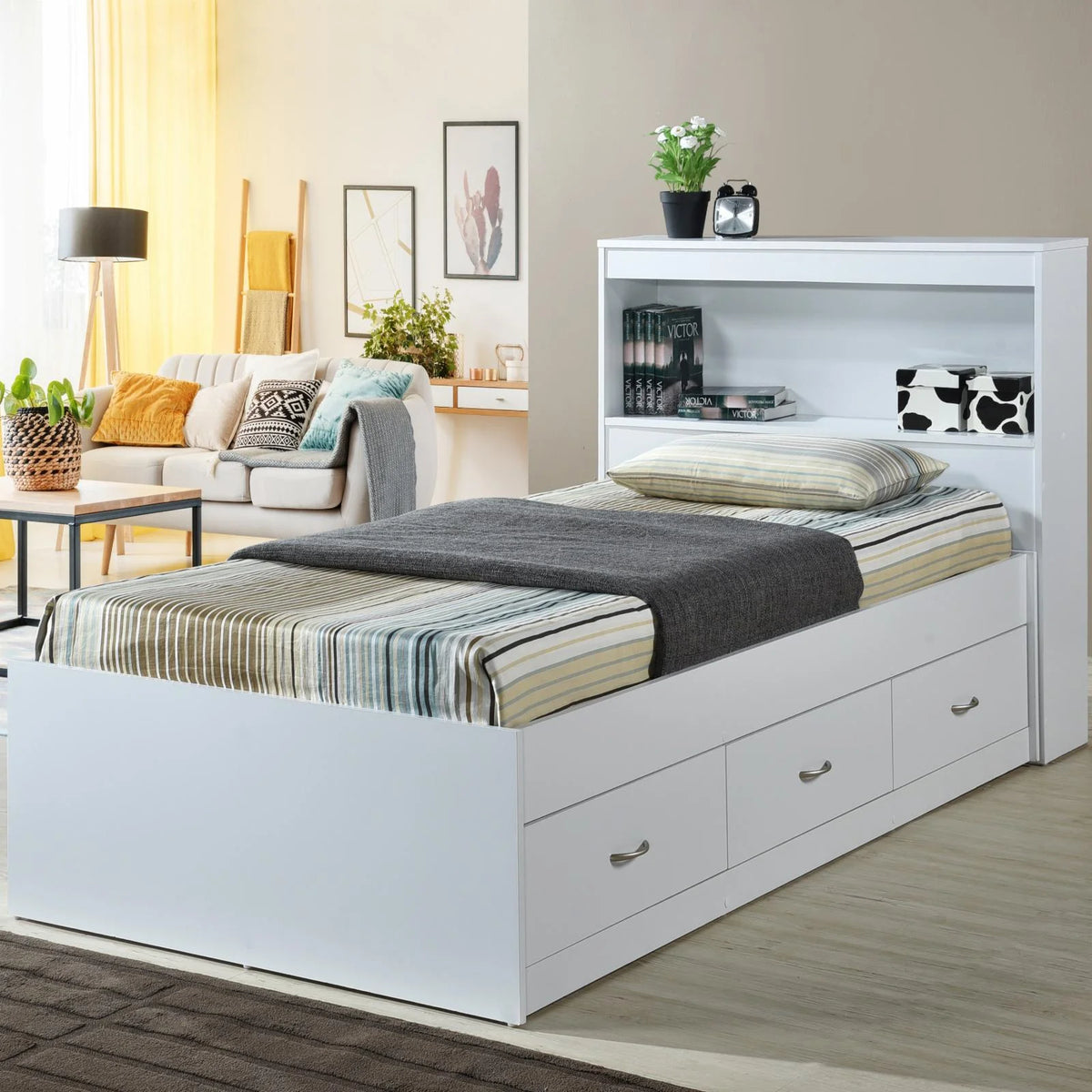 Twin Size Captain Bed with 3 Drawers and Headboard in Black Wood W4487