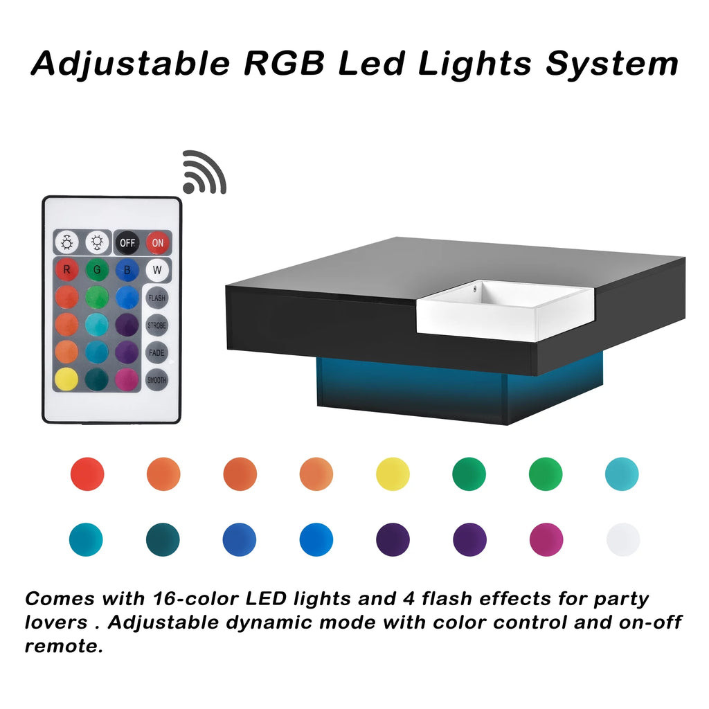 Square Coffee Table with Detachable Tray and LED Strip Lights A3910
