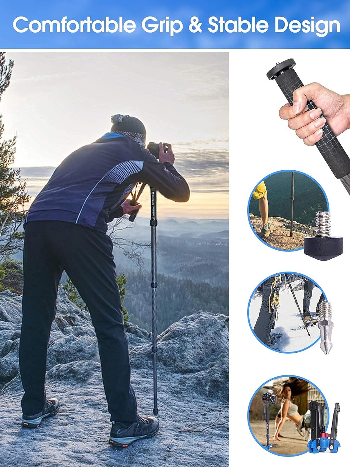 Carbon Fiber Camera Monopod with Removable Base, 5-Section Leg 65” Max. Height J900