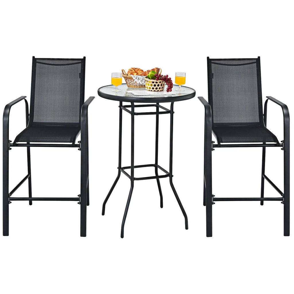 3 Pieces Outdoor Patio Bar Set with 2 Bar Stools and Tempered Glass Bar Table, Black E791