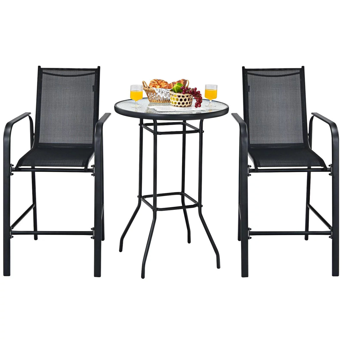 3 Pieces Outdoor Patio Bar Set with 2 Bar Stools and Tempered Glass Bar Table, Black E791
