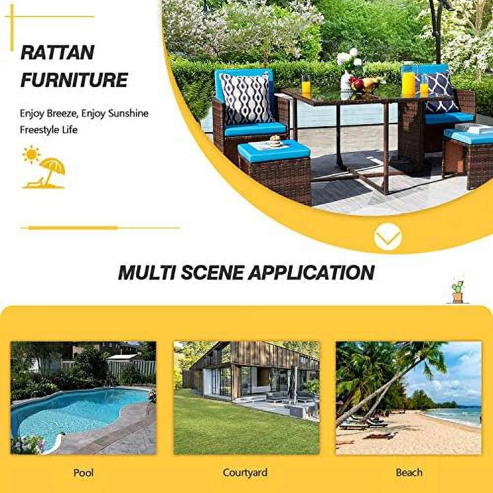 5 Pieces Wicker Rattan Patio Dining Set with Glass Table and Ottomans G6366