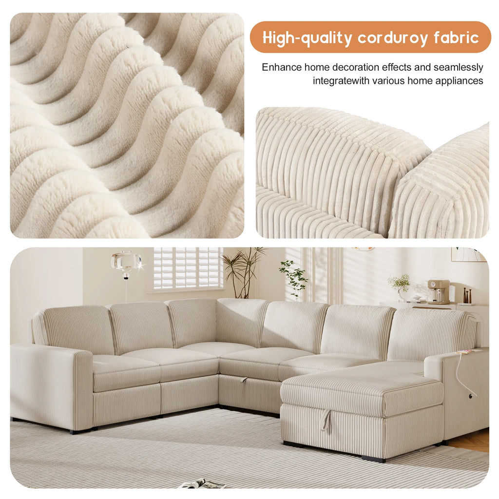 Beige 7-Seater Corduroy Sectional Sofa with Storage Chaise N92308