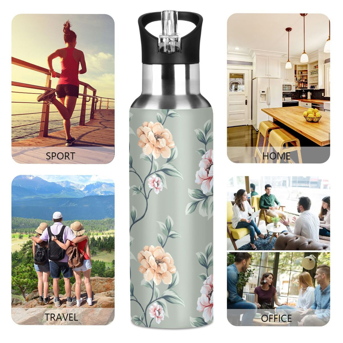 Pink Flowers Stainless Steel Insulated Water Bottle with Straw Lid A35844