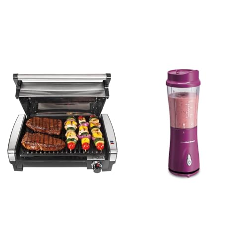 Electric Indoor Searing Grill with Adjustable Temperature Control to 450F & Portable Blender with 14 Oz BPA Free Travel Cup and Lid A534