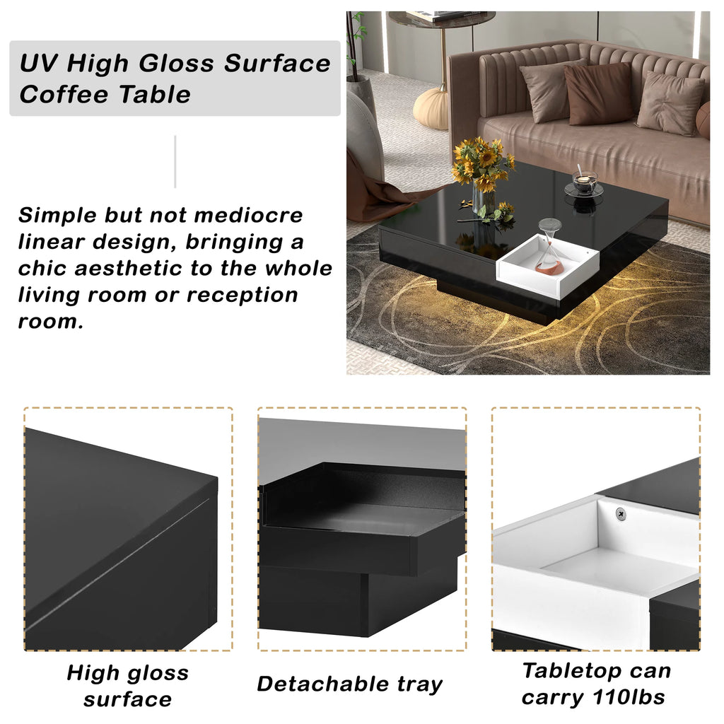 Square Coffee Table with Detachable Tray and LED Strip Lights A3910