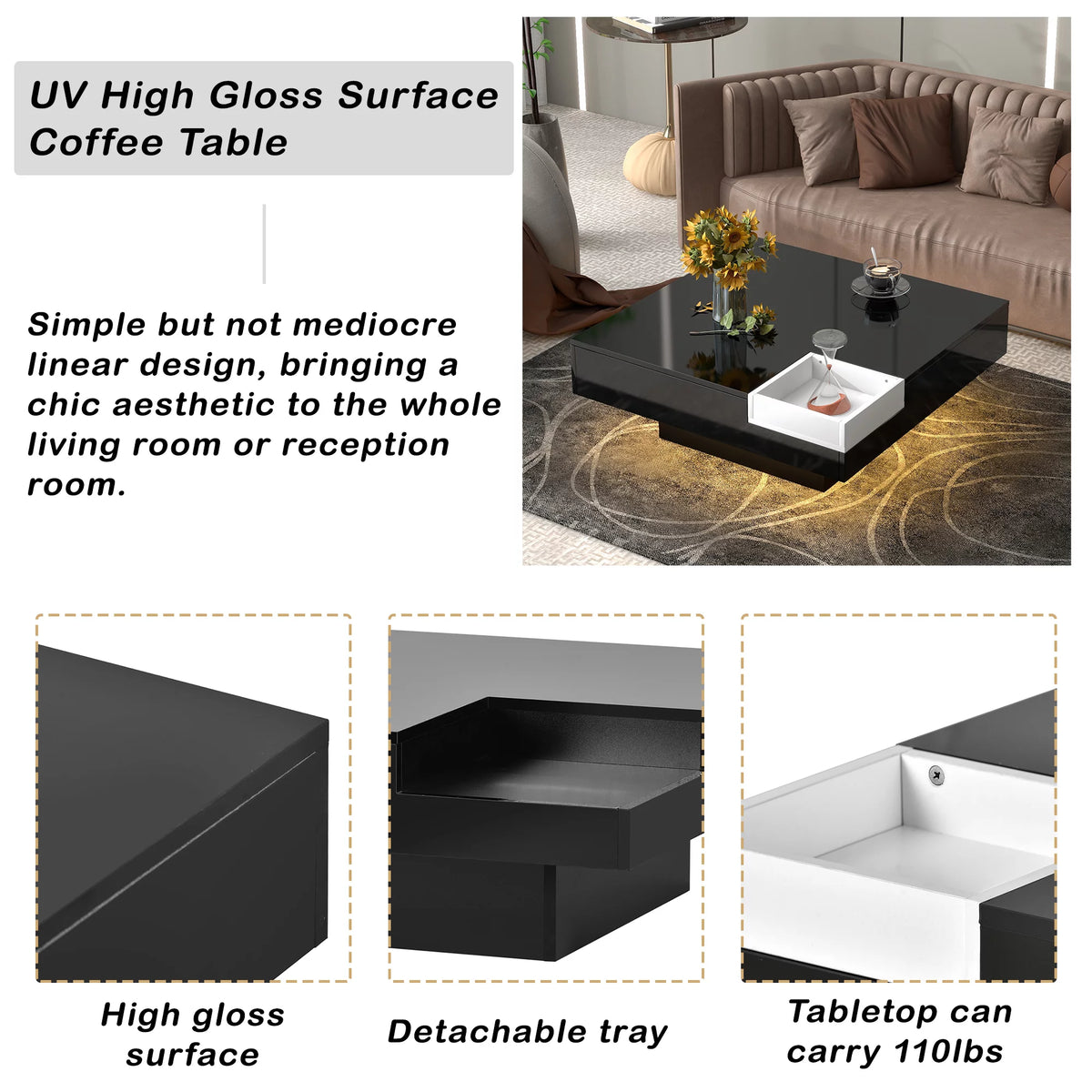 Square Coffee Table with Detachable Tray and LED Strip Lights A3910