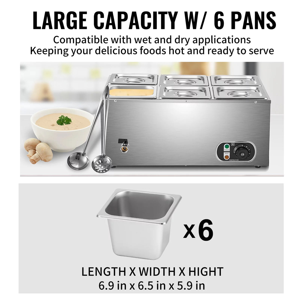 110V 6-Pan Stainless Steel Commercial Food Warmer U745
