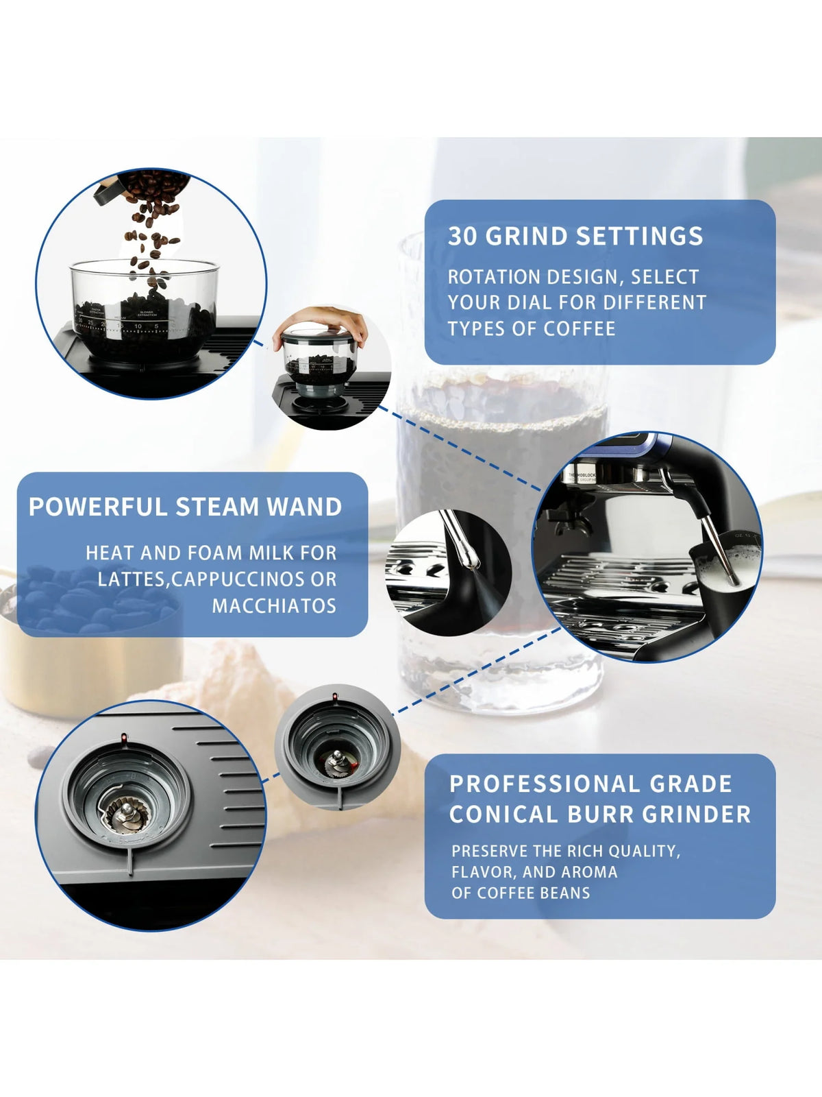 All in One Espresso Machine with Coffee Grinder and Milk Steam Wand W171