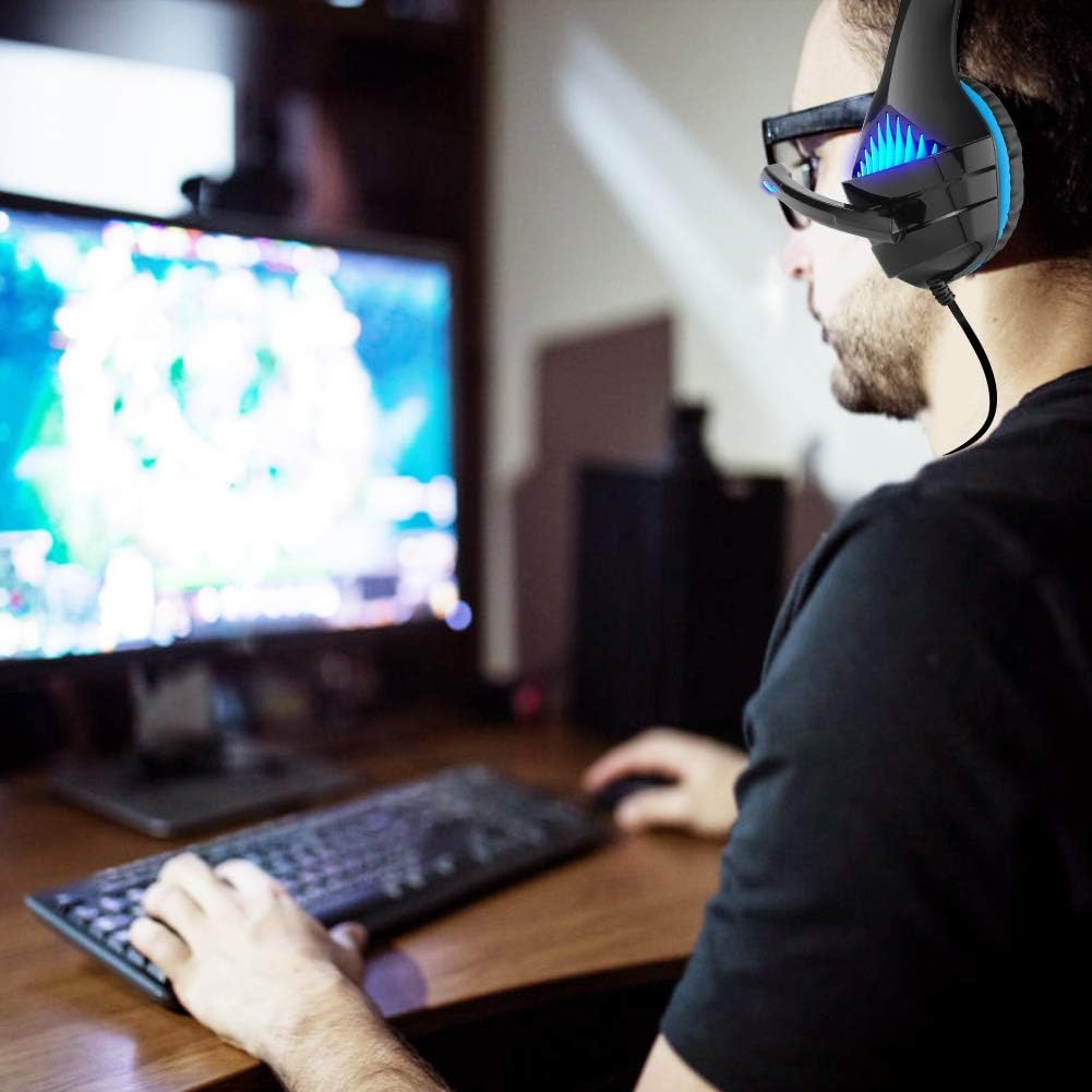 Gaming Headset with Noise Cancelling Mic, LED Light, Memory Earmuffs (Black & Blue) H922613