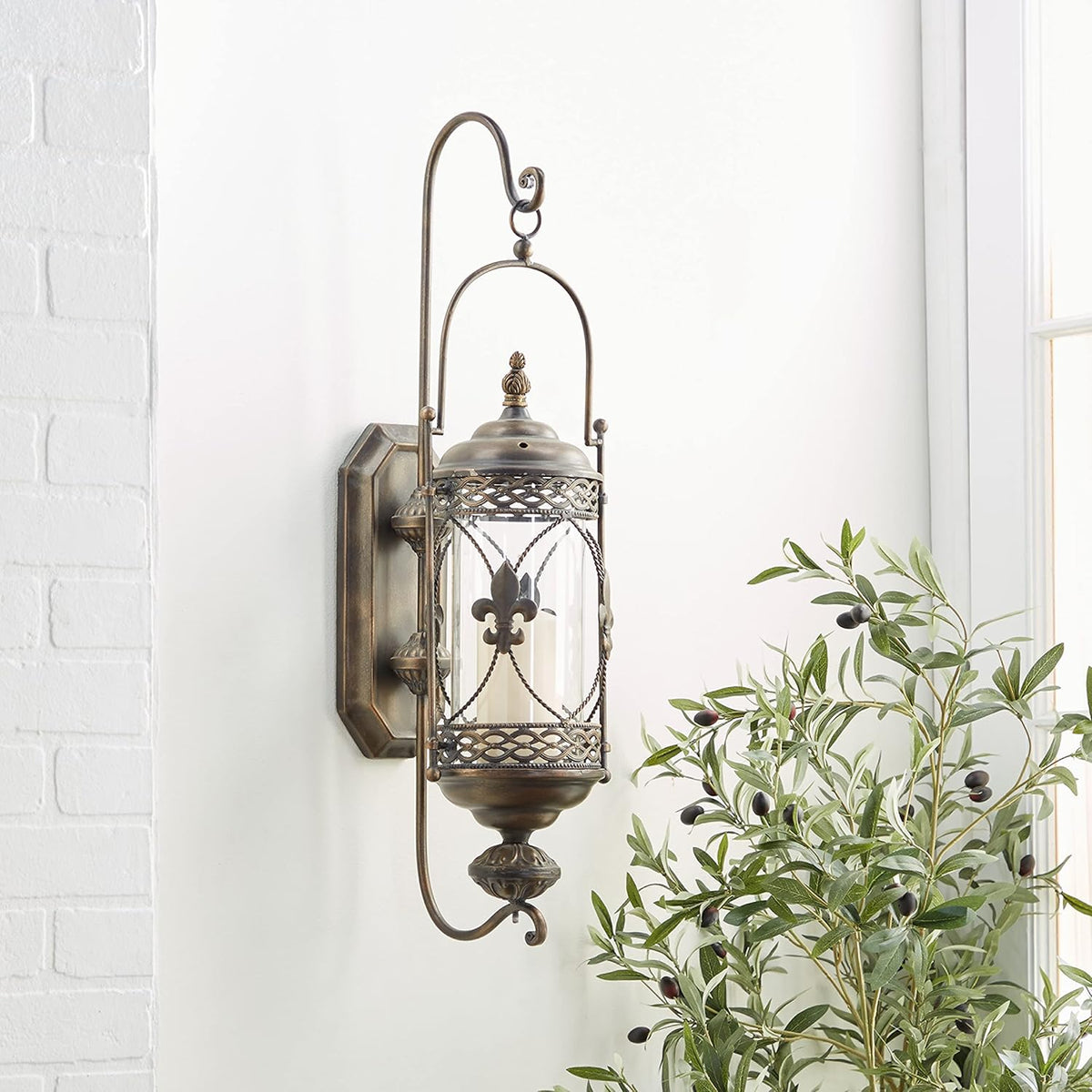 Textured Bronze Metal and Glass Floral Candle Sconce N5849