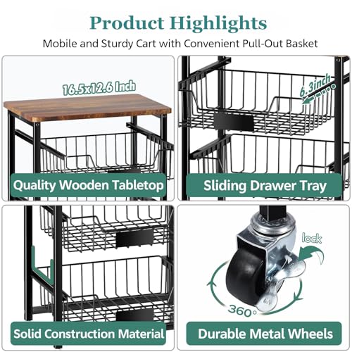 4-Tier Rolling Storage Cart with Pull-Out Baskets and Wood Top F852