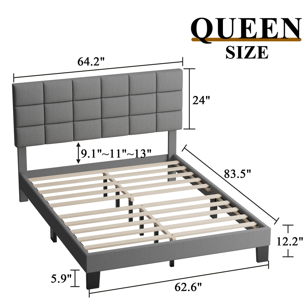 Queen Size Upholstered Bed Frame with Adjustable Headboard Q944