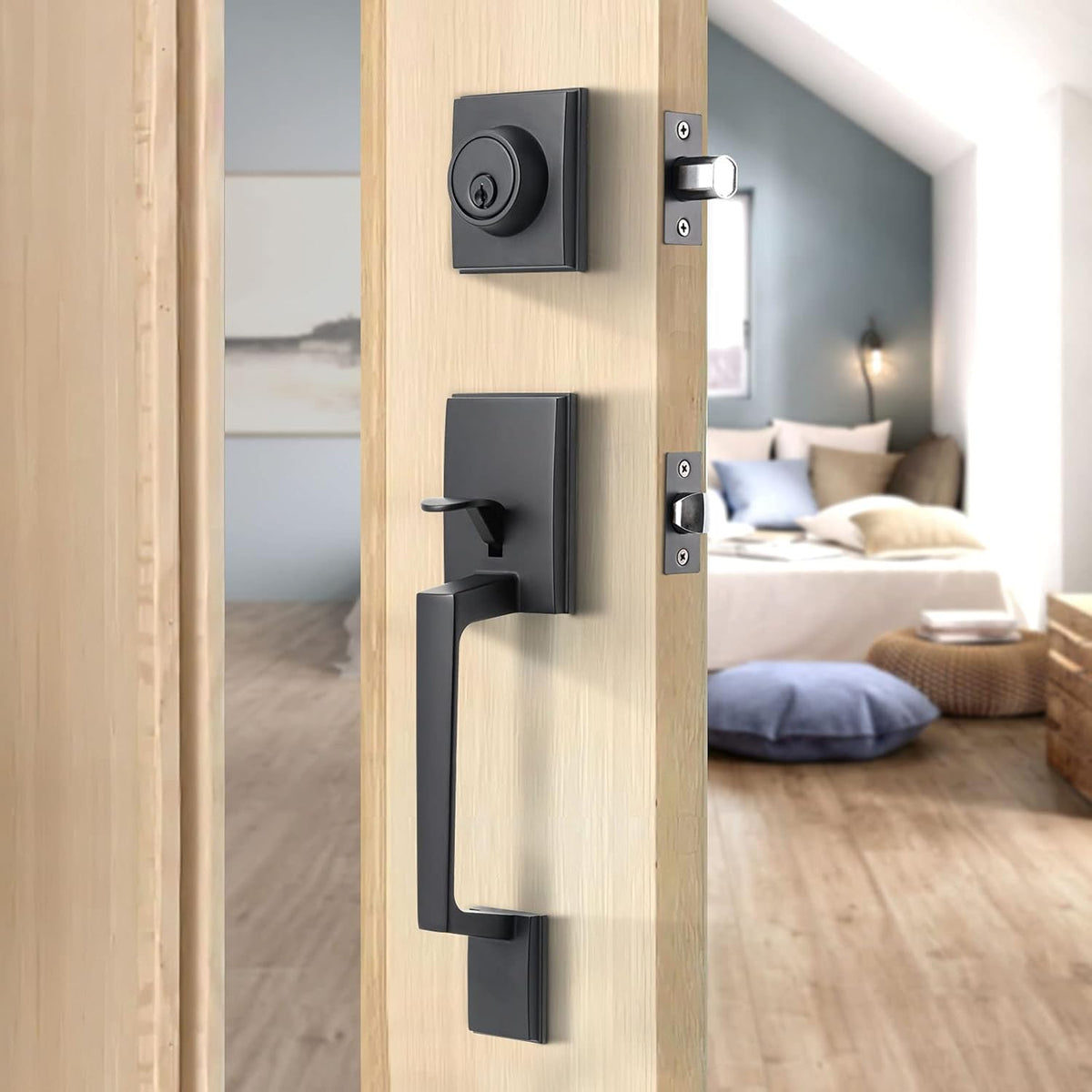 Satin Nickel Double Door Lock Set with Deadbolt and Lever Handle X660011