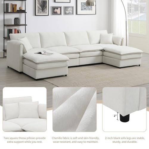 Cream Chenille U Shaped Sectional Sofa with 2 Ottoman V845