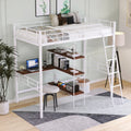White Twin Size Metal Loft Bed with Built-in Desk and Shelves M382