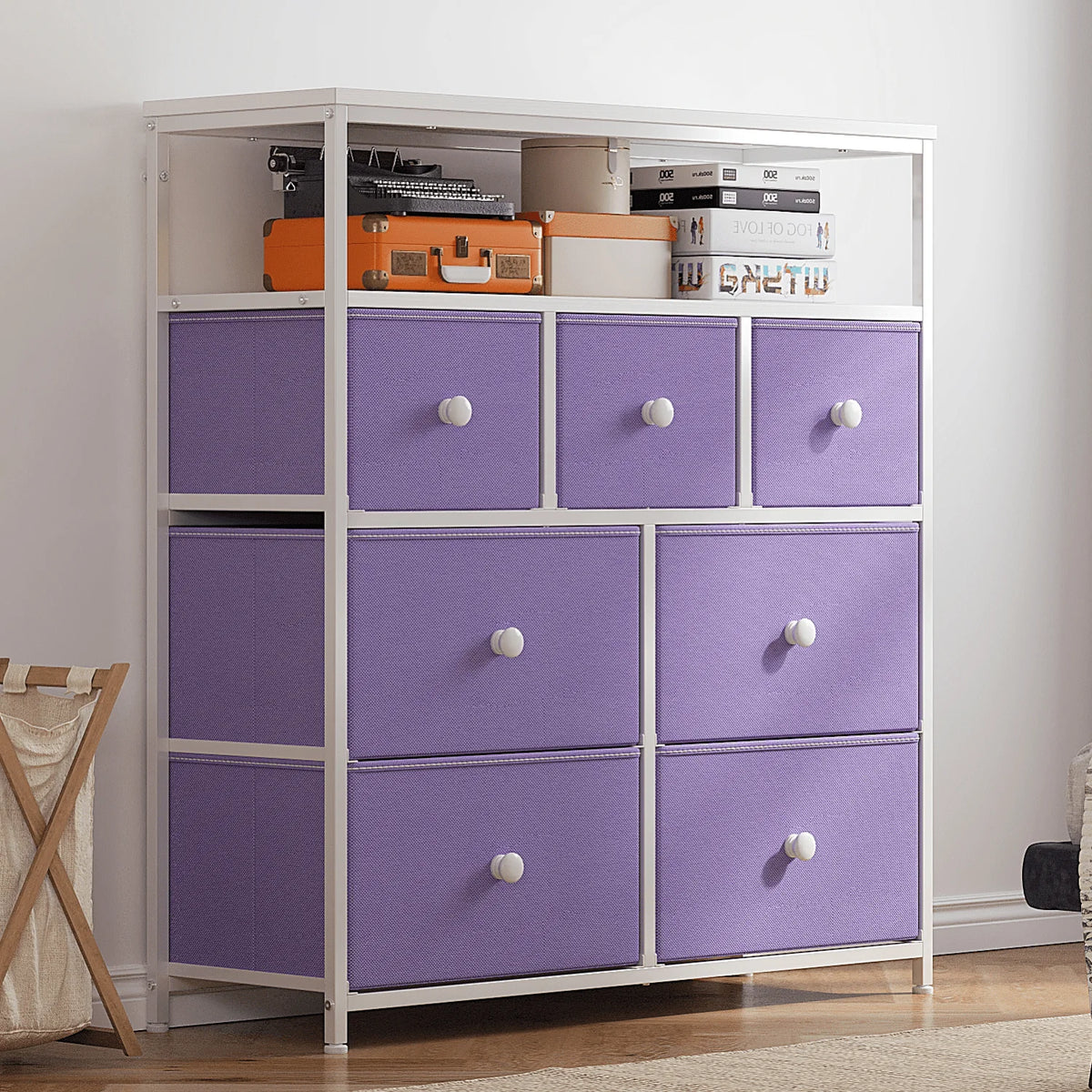 Pink 7 Drawer Fabric Dresser with Wood Shelves U30072