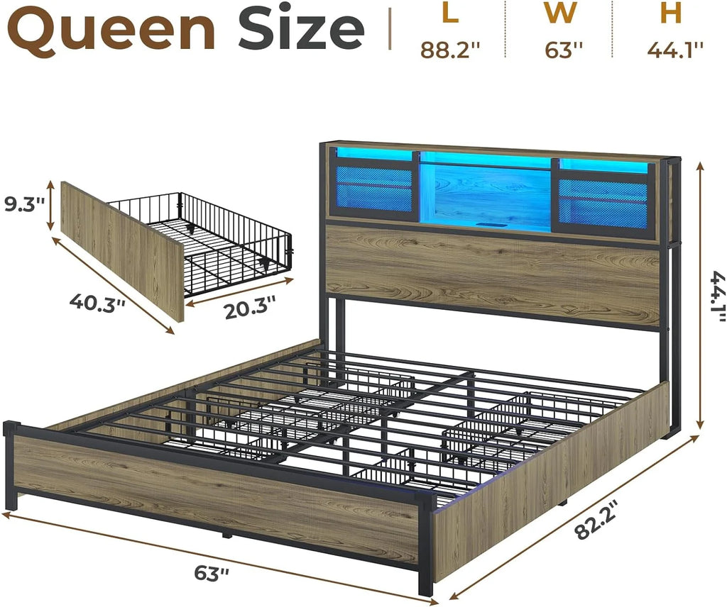 Queen Size Metal Platform Bed Frame with Storage Headboard and 4 Drawers W635